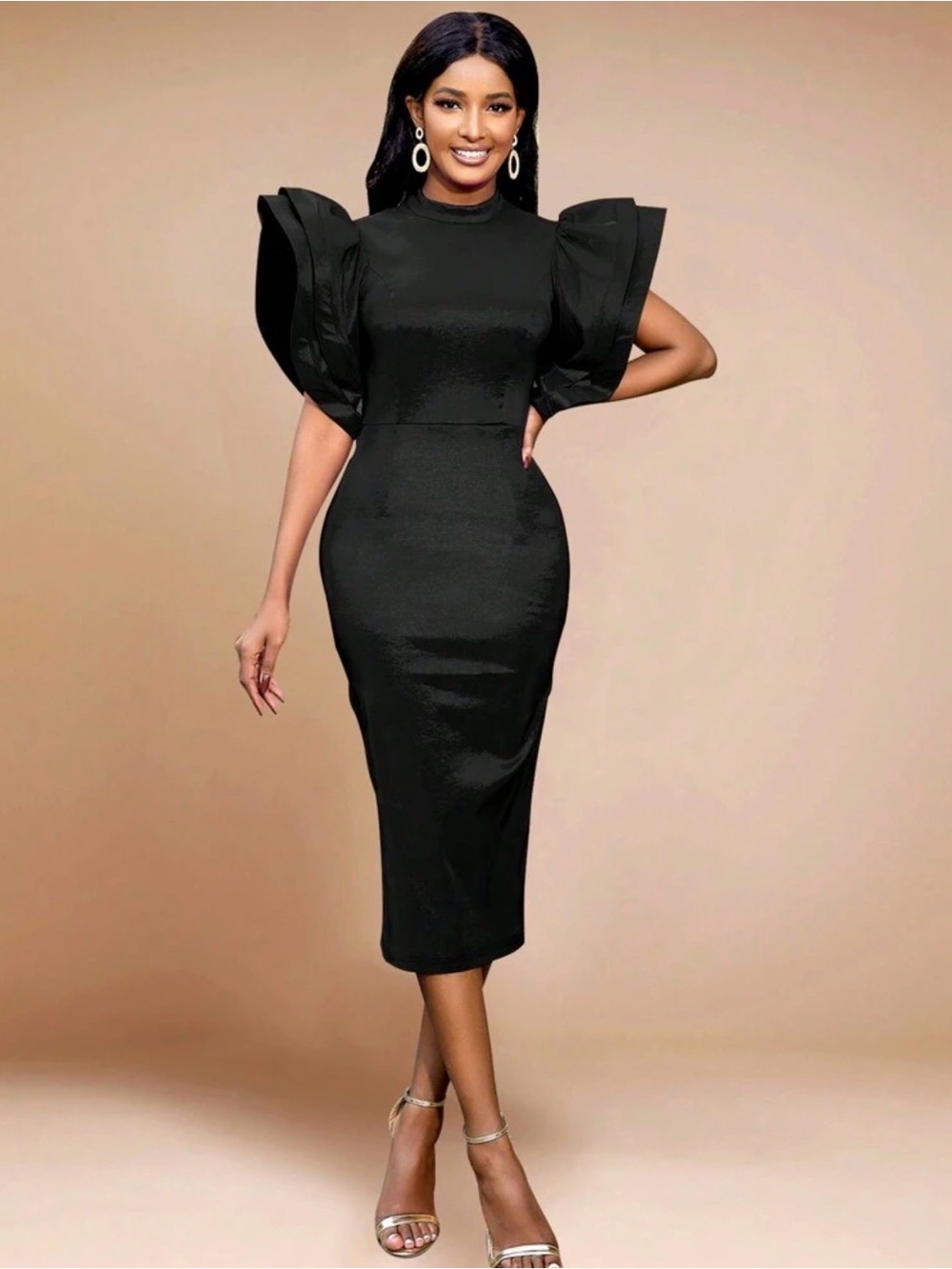 NWT Women's Ruffle Sleeve Midi Dress, little black dress. Statement piece  XL.